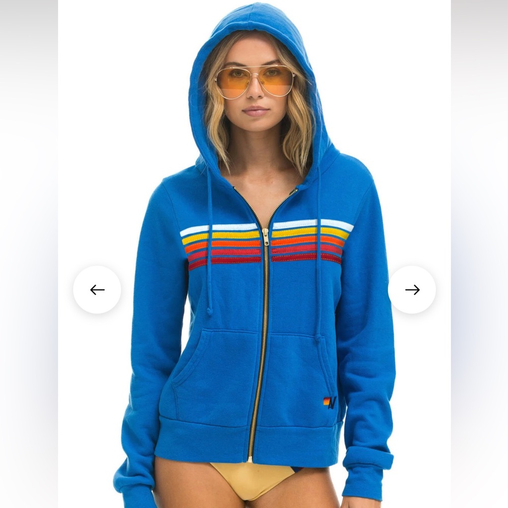 Aviator Nation Blue Hoodie with Rainbow Stripes